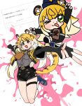  1girl absurdres andii_(anzai_teachco) animal_ears animal_print black_gloves blonde_hair blush chibi commentary_request fang fingerless_gloves gloves gradient_hair green_eyes highres ju_fufu long_hair multicolored_hair one_eye_closed shoes shorts socks tail thigh_strap tiger_ears tiger_girl tiger_print tiger_tail v white_socks zenless_zone_zero 
