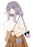  absurdres bag black_bow blue_eyes blunt_bangs blush blush_stickers bow braid breasts brown_skirt ear_blush hair_bow handbag highres holding holding_bag huge_breasts long_hair long_skirt long_sleeves oimotororo1116 original oversized_sweater patterned print_skirt purple_hair ribbed_sweater shoulder_bag sidelocks signature simple_background skirt sleeves_past_wrists smile standing straight_hair sweater sweater_tucked_in tachibana_(oimotororo1116) upper_body wavy_mouth 