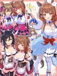  4girls :d ;d absurdres ahoge almond_eye_(umamusume) almond_eye_(umamusume)_(cosplay) black_hair blue_gloves bow breasts brown_hair cleavage commentary_request cosplay crossover eishin_flash_(meisterschaft)_(umamusume) eishin_flash_(umamusume) eishin_flash_(umamusume)_(cosplay) fingerless_gloves gakuen_idolmaster gloves hair_bow hair_ornament hairclip hanami_ume highres hiyoko_neneko holding holding_microphone horse_girl idolmaster large_breasts looking_at_another looking_at_viewer microphone multiple_girls multiple_views one_eye_closed open_mouth pink_bow pink_skirt short_hair skirt smart_falcon_(love_4ever)_(umamusume) smart_falcon_(umamusume) smile standing thighhighs twintails umamusume white_thighhighs 