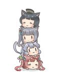 :3 animal_ears arare_(kantai_collection) asagumo_(kantai_collection) black_hair blush brown_hair cat_ears cat_tail closed_eyes closed_mouth commentary_request eyelashes grey_hair hair_ribbon hat human_tower kantai_collection kasumi_(kantai_collection) kemonomimi_mode long_hair multiple_girls nuno_(pppompon) ribbon short_hair side_ponytail stacking tail twintails yamagumo_(kantai_collection) 
