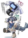  1girl :d @_@ absurdly_long_hair absurdres aqua_halo aris_(blue_archive) aris_(winter)_(blue_archive) arms_up bag black_hair black_outline black_pantyhose blue_archive blue_eyes blue_scarf blush boots braid bright_pupils brown_boots brown_coat brown_hairband brown_mittens buttons chibi chibi_only coat commentary_request earmuffs full_body fur-trimmed_coat fur-trimmed_hood fur-trimmed_sleeves fur_trim gingham_clothes gingham_scarf hair_between_eyes hairband halo highres hood hooded_coat kei_(amas)_(blue_archive) leg_up long_bangs long_hair long_hair_between_eyes long_sidelocks long_sleeves looking_up low-braided_long_hair low-tied_long_hair mittens motion_lines non-humanoid_robot official_alternate_costume official_alternate_hairstyle open_mouth outline pantyhose pdnt pink_halo pleated_skirt pocket rectangular_halo ringed_eyes robot scarf shadow shoulder_bag sidelocks simple_background single_braid skirt smile sparkle standing standing_on_one_leg throwing translation_request very_long_hair white_background white_pupils white_skirt winter_clothes 