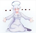  ... 1girl arched_bangs blue_archive blunt_bangs blush commentary_request dress facing_viewer grey_hair halo long_hair looking_at_viewer noa_(blue_archive) noa_(pajamas)_(blue_archive) official_alternate_costume outstretched_arms ponytail simple_background sitting sleepwear smile socks solo sopranino translation_request very_long_hair wariza white_background white_dress white_socks 