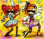  2girls a.i._voice adachi_rei commentary dancing english_commentary glasses hairband jacket kasane_teto kasane_teto_(sv) multiple_girls orange_hair red_hair skirt sunglasses synthesizer_v white_jacket yellow_background zemi_aquatic 