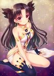  armlet bare_shoulders black_ribbon blue_legwear blush breasts bridal_gauntlets brown_hair cleavage earrings fate/grand_order fate_(series) hair_ribbon hoop_earrings ishtar_(fate/grand_order) jewelry long_hair long_legs looking_at_viewer medium_breasts red_eyes ribbon sato_ame single_thighhigh sitting smile solo strapless thighhighs twintails wariza 