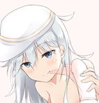  1girl absurdres bangs beige_background blue_eyes blush closed_mouth collarbone condom condom_in_mouth ero_mang-a eyebrows_visible_through_hair flat_cap hair_between_eyes half-closed_eyes hat hetero hibiki_(kantai_collection) highres kantai_collection long_hair looking_at_viewer mouth_hold nude penis pov silver_hair simple_background smile upper_body verniy_(kantai_collection) 