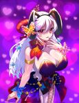  1girl alternate_costume animal_ears animal_print bodystocking bow breasts butterfly_ornament butterfly_print cleavage commentary detached_collar fake_animal_ears fire_emblem fire_emblem_heroes floppy_ears flower freyja_(fire_emblem) goat_horns hair_ornament hand_on_own_chest hand_up heart highres horns huge_breasts leotard long_hair looking_at_viewer nail_polish open_mouth playboy_bunny purple_background red_bow red_eyes red_nails ribbon showgirl_skirt solo strapless strapless_leotard teitokunanodesu very_long_hair white_hair white_leotard wide_hips wrist_ribbon 