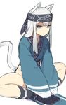  accio animal_ears bangs black_legwear blue_eyes blunt_bangs butterfly_sitting closed_mouth expressionless grey_hair headband ku_(accio) long_hair long_sleeves looking_at_viewer original shaded_face sidelocks simple_background sketch slit_pupils socks solo tail white_background 