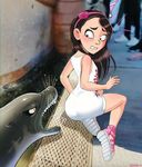  ambiguous_gender angry better_version_at_source black_hair blush butt clothed clothing compression_artifacts dress female feral hair headband human long_hair looking_back mammal marine pinniped sea_lion shadman surprise what 
