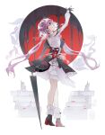  1girl absurdres asymmetrical_sleeves breasts candle circle clothing_cutout commentary dress earrings english_commentary evernight_(honkai:_star_rail) evey_(honkai:_star_rail) flower frills from_behind full_body gloves highres honkai:_star_rail honkai_(series) jewelry layered_dress long_hair march_7th_(honkai:_star_rail) memosprite mismatched_sleeves munji412 pink_hair platform_heels red_eyes signature simple_background single_bare_shoulder single_earring stairs umbrella very_long_hair 