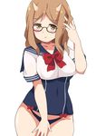  blush brown_eyes brown_hair covering covering_crotch crop_top glasses groin highres horns long_hair one-piece_swimsuit original pout school_uniform serafuku shirt solo swimsuit toy_box-r 