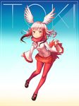  absurdres bangs blunt_bangs head_wings highres japanese_crested_ibis_(kemono_friends) kemono_friends long_hair long_sleeves looking_at_viewer mary_janes multicolored_hair mushi_aoi pantyhose pink_hair red_legwear shoes solo tail translated two-tone_hair 