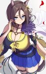  1girl absurdres air_groove_(empress_road)_(umamusume) air_groove_(umamusume) animal_ears artist_name asymmetrical_clothes azuki_(azuki_azukki) blue_eyes blue_skirt bow bowtie breasts brown_hair cleavage closed_mouth clothing_cutout collarbone commentary_request falling_petals highres horse_ears horse_girl horse_tail large_breasts looking_at_viewer miniskirt o-ring official_alternate_costume petals pleated_skirt red_petals sailor_collar short_hair shoulder_cutout simple_background skirt solo tail thigh_strap thighs umamusume v-shaped_eyebrows white_background yellow_bow yellow_bowtie yellow_sailor_collar 