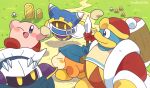  bandana bandana_waddle_dee blue_bandana blue_eyes closed_mouth coat commentary_request happy holding holding_mallet king_dedede kirby kirby_(series) magolor mallet meta_knight no_humans one_eye_closed path polearm rayman_limbs red_coat roku_(rokkrn) shoulder_pads solid_oval_eyes spear weapon yellow_eyes 