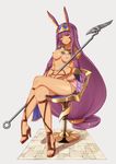 blush breasts breasts_apart cross-laced_footwear crossed_legs earrings egyptian_clothes esg_(essagna) facial_mark fate/grand_order fate_(series) highres jewelry long_hair looking_at_viewer low-tied_long_hair medium_breasts nitocris_(fate/grand_order) purple_eyes purple_hair shiny shiny_skin sitting solo staff very_long_hair 