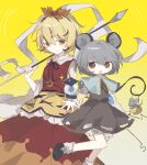  2girls :d animal_ears animal_print bishamonten's_pagoda black_shoes blonde_hair bloomers blue_capelet blush capelet closed_mouth commentary dress gradient_background grey_dress grey_hair highres holding holding_polearm holding_weapon long_sleeves looking_at_viewer medium_hair mouse_(animal) mouse_ears mouse_girl mouse_tail multiple_girls nazrin open_mouth polearm red_dress red_eyes shirt shoes smile socks spear tail tiger_print toramaru_shou touhou weapon white_bloomers white_shirt white_socks wusem0108 yellow_background yellow_eyes 