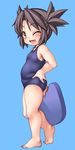  barefoot belly blush brown_eyes brown_hair fang from_side full_body hand_on_hip hand_on_own_ass ohgaki_m one-piece_swimsuit one_eye_closed open_mouth original plump school_swimsuit short_hair short_twintails smile solo standing swimsuit twintails 