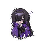  1girl artist_name black_dress black_hair black_jacket blush book book_strap breasts chibi cleavage colored_inner_hair deformed dress full_body glass goddess_of_victory:_nikke hair_intakes hair_over_one_eye hashtag-only_commentary heart heart-shaped_pupils jacket label_(nikke) large_breasts long_hair long_sleeves looking_at_viewer messy_hair momori_sensei multicolored_dress multicolored_hair off_shoulder parted_bangs purple_dress purple_eyes purple_hair rabbit_slippers saliva simple_background sleeveless sleeveless_dress slippers solo spaghetti_strap strap stuffed_animal stuffed_rabbit stuffed_toy symbol-shaped_pupils very_long_hair white_background 