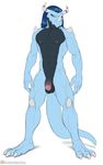  3_toes abs anthro athletic balls barefoot black_scales blue_eyes blue_hair blue_scales circumcised claws digimon flaccid hair horn navel nipples nude pecs penis scales scalie spelunker_sal standing toe_claws toes wargreymon 