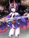  bangs black_legwear breasts commentary_request cowboy_shot fangs fate/grand_order fate_(series) holding holding_sword holding_weapon horns japanese_clothes kimono looking_at_viewer oni oni_horns open_mouth petals pixiv_id purple_eyes purple_hair purple_kimono revealing_clothes short_hair short_kimono shuten_douji_(fate/grand_order) small_breasts smile solo sword thick_eyebrows thighhighs trianon watermark weapon web_address 