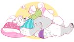  anthro blush canine clothed clothing duo female lying male mammal mochi-squish obese on_back overweight pillow pregnant smile 