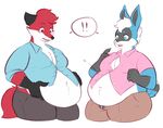  ! anthro blush canine clothed clothing duo female fox fur hair lagomorph mammal mochi-squish obese open_mouth overweight rabbit standing 