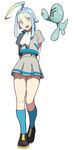  :d accio ahoge arms_behind_back blue_eyes blue_hair blue_legwear elgyem full_body gen_5_pokemon grey_shirt grey_skirt kneehighs looking_at_viewer open_mouth pokemon pokemon_(creature) shirt shoes short_sleeves sidelocks simple_background skirt smile sneakers solo standing teeth v-shaped_eyebrows white_background 
