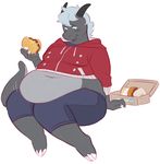  anthro blush burger clothed clothing dragon food hair horn male mochi-squish obese overweight sitting smile solo 