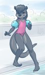  5_fingers anthro black_nose brown_eyes brown_fur brown_hair clothed clothing female fur hair mammal mustelid mykegreywolf otter solo standing swimsuit water young 