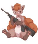  2024 3_toes ambiguous_gender assault_rifle canid description_request featureless_crotch feet fur generation_1_pokemon gun hi_res holding_gun holding_object holding_ranged_weapon holding_rifle holding_weapon korean_description m16 m16a1 mammal multi_tail nintendo open_mouth open_smile pawpads ph_(pixiv) pokemon pokemon_(species) ranged_weapon rifle semi-anthro simple_background sitting smile solo tail toes vulpix weapon white_background 