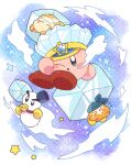  >_< bandana_waddle_dee bell blue_eyes blush_stickers chilly_(kirby) commentary_request full_body highres ice ice_cube ice_kirby kirby kirby_(series) neck_bell no_humans one_eye_closed parted_lips roku_(rokkrn) signature star_(symbol) waddle_dee 