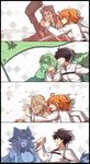  4girls 4koma braid checkered checkered_background choco_taberusan comic commentary cu_chulainn_(fate/grand_order) edward_teach_(fate/grand_order) fate/grand_order fate_(series) flag francis_drake_(fate) fujimaru_ritsuka_(female) fujimaru_ritsuka_(male) hat jeanne_d'arc_(fate) jeanne_d'arc_(fate)_(all) lancer multiple_boys multiple_girls nero_claudius_(fate) nero_claudius_(fate)_(all) petals pirate_hat running staff 