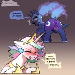 1:1 2026 anus armor artist_logo artist_name backsack balls black_text blush blush_lines bodily_fluids butt clothing cold-blooded-twilight crossgender crown cute_fangs cutie_mark dialogue duo english_text equid equine eyes_closed fangs feral footwear friendship_is_magic fur genitals gradient_background hair hasbro headgear hi_res hooves horn logo looking_back male male/male mammal mane multicolored_hair multicolored_mane my_little_pony mythological_creature mythological_equine mythology open_mouth princess_celestia_(mlp) princess_luna_(mlp) puffy_anus shaking sibling_(lore) simple_background speech_bubble sweat tail teal_eyes teeth text tremble_lines trembling white_body white_fur winged_unicorn wings