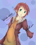  1girl :o ahoge amputee armless_amputee breasts circle dated deviantart double_amputee green_eyes groundzeroace jacket nose open_mouth red_hair red_jacket shirt short_hair sleeve_tied_shut tezuka_rin tied_sleeves very_short_hair 