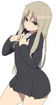  @_@ accio bangs black_dress black_eyes brown_eyes cowboy_shot dress hair_between_eyes hands_on_own_chest hands_up highres long_hair long_sleeves looking_at_viewer original parted_lips short_dress simple_background solo sweatdrop thighs white_background 