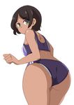  ass black_hair buruma clenched_hand dark_skin from_behind green_eyes highres leaning_forward looking_back midriff original panties panties_under_buruma panty_peek short_hair solo sports_bikini toy_box-r underwear white_panties 