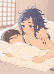  androgynous arm_around_shoulder black_hair blue_eyes blush brown_hair closed_eyes curly_hair hair_down kashuu_kiyomitsu lying male_focus messy_hair mole mole_under_eye multiple_boys nail_polish on_side on_stomach pillow plico_(nicoma) red_nails shirtless sleeping sleepy touken_ranbu under_covers waking_up yamato-no-kami_yasusada yaoi 