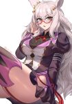  1girl ahoge animal_ears biwa_hayahide_(pf._winning_equation...)_(umamusume) biwa_hayahide_(umamusume) black_shirt blush breasts clothing_cutout collared_shirt commentary ear_ornament garter_straps glasses grey_hair hair_ornament highres hip_vent horse_ears horse_girl horse_tail jacket large_breasts long_hair long_sleeves looking_at_viewer neck_ribbon open_mouth purple_jacket purple_skirt purple_thighhighs red-framed_eyewear red_ribbon ribbon semi-rimless_eyewear shirt simple_background skirt solo tail thighhighs thighs umamusume under-rim_eyewear white_background white_hair yellow_eyes zcri 