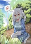  animal animal_ears bench blush cat cat_ears cat_tail eyebrows_visible_through_hair highres holding holding_animal kurigura_(sketch_san) long_hair looking_at_viewer mole mole_under_eye original paw_print red_eyes sign sitting smile solo tail white_hair 