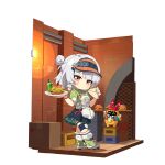  1girl :t ame. anby_demara anby_demara_(operation_yum_2025) apron blue_skirt blush_stickers box braid brick_wall burger cardboard_box chibi closed_mouth collared_shirt commentary_request cup disposable_cup drinking_straw eating food full_body green_shirt green_shoes grey_hair hair_bun highres holding holding_food holding_plate looking_at_viewer loose_socks pinstripe_pattern pinstripe_shirt plate pleated_skirt red_eyes revision roller_skates shirt shoes single_braid single_side_bun skates skirt socks solo visor_cap white_apron white_socks zenless_zone_zero 