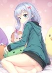  :o ass bangs barefoot blue_eyes blush bow eromanga_sensei eyebrows_visible_through_hair gradient_hair hair_bow highres izumi_sagiri jacket long_hair looking_at_viewer md5_mismatch multicolored_hair parted_lips pink_bow pink_hair revision silver_hair sitting solo stuffed_animal stuffed_duck stuffed_octopus stuffed_toy thighs tomifumi yokozuwari 