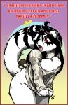  2014 anthro areola black_fur black_hair bottomless breasts cat cleavage_cutout clothed clothing crying dialogue english_text feline female fur hair keyhole_turtleneck mammal o-kemono open_mouth pussycat_(o-kemono) red_eyes solo sweater tears text white_fur 