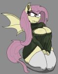 absurd_res anthro archerwonder bat_wings big_breasts breast_squish breasts clothing equid equine female flutterbat_(mlp) fluttershy_(mlp) freckled_breasts freckles friendship_is_magic frown grey_background hasbro hi_res legwear looking_away mammal membrane_(anatomy) membranous_wings my_little_pony simple_background solo squish stockings sweater thick_thighs topwear wings