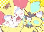  &gt;_&lt; 2018 ambiguous_gender blue_eyes blush braixen cian_eyes duo nettsuu nintendo one_eye_closed open_mouth pok&eacute;mon pok&eacute;mon_(species) red_eyes smile stick teeth v_sign video_games wink zeraora 