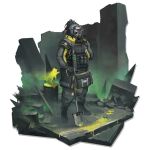  1girl animal_ears arknights black_boots black_gloves black_hair black_pants boots bulletproof_vest cat cat_ears cat_girl full_body gas_mask gloves grey_pants highres holding holding_shovel jessica_(arknights) jessica_(iron_block)_(arknights) long_sleeves m9nokuro male_focus mask official_alternate_costume official_art pants ponytail shovel solo standing transparent_background 