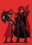  1boy 1girl antique_firearm arquebus asymmetrical_clothes black_bodysuit black_hair bodysuit cape collared_cape commentary_request crest family_crest fate/grand_order fate_(series) full_body goma1021 grin gun hair_over_one_eye hat highres long_hair looking_at_viewer medallion military_hat multiple_persona navel oda_kippoushi_(fate) oda_nobunaga_(fate) oda_nobunaga_(maou_avenger)_(fate) oda_uri peaked_cap ponytail popped_collar red_background red_cape red_eyes red_hair red_theme sidelocks single_sleeve smile standing tight_top very_long_hair weapon 