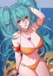  absurdres aqua_hair armlet bikini blue_nails breasts cleavage floating_hair hair_between_eyes hand_in_hair heart heart_necklace highres large_breasts league_of_legends long_hair looking_at_viewer nail_polish navel o-ring o-ring_bikini ocean orange_bikini outdoors parted_lips solo sona_buvelle songjikyo swimsuit twintails very_long_hair yellow_eyes 