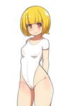  arms_behind_back blonde_hair breasts groin highleg highleg_leotard highres leotard original red_eyes short_hair small_breasts solo thighs toy_box-r white_leotard 