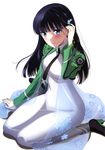  absurdres black_hair black_legwear black_neckwear blue_eyes blue_flower blush breasts dress eyebrows_visible_through_hair flower green_jacket hair_flower hair_ornament hand_in_hair high_heels highres jacket long_dress long_hair looking_at_viewer mahouka_koukou_no_rettousei medium_breasts necktie open_clothes open_jacket see-through shiba_miyuki simple_background sitting smile solo white_background white_dress 