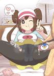  1boy 1girl ;p bed bedroom black_legwear breasts brown_hair censored clothed_sex condom condom_packet_strip cum double_bun facial hair_bun happy_sex heart heavy_breathing indoors lamp long_sleeves looking_at_viewer lying mei_(pokemon) on_bed panties pantyhose penis pikachu piplup pokemon pokemon_(game) pokemon_bw2 pov pubic_hair reonarudo16sei see-through sex shirt smile solo_focus spread_legs striped_panties text thought_bubble tissue tongue tongue_out twintails underwear visor_cap 