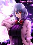 backlighting bow bowtie breasts character_name commentary_request dress feathers full_moon highres jacket kishin_sagume large_breasts moon open_clothes open_jacket purple_dress red_bow red_eyes red_neckwear silver_hair single_wing solo touhou umasan wings 